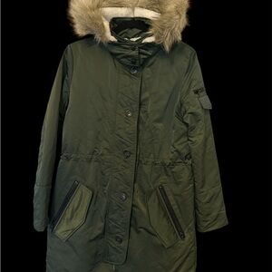 Banana Republic Olive Puffer Coat with Faux Fur Hood